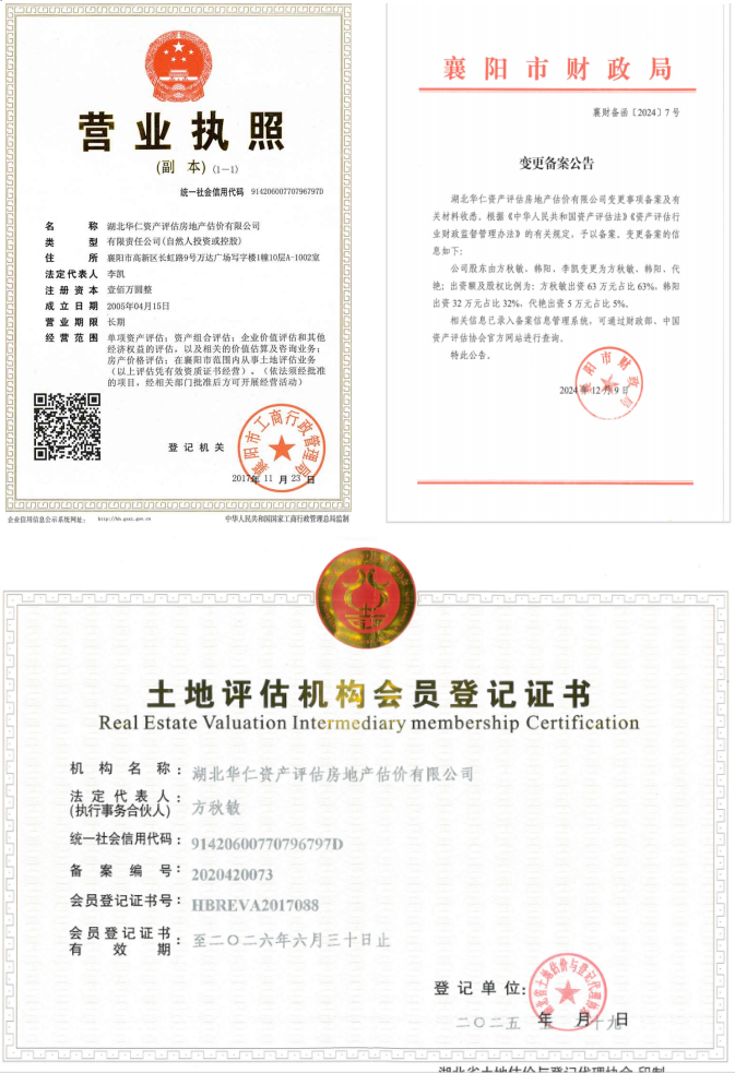華仁資產(chǎn)評估房地產(chǎn)估價有限公司營業(yè)執(zhí)照、資產(chǎn)評估備案公告、土地評估機(jī)構(gòu)登記證書